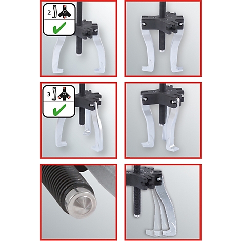 Mehrere Ansichten eines Dreifuß-Abziehers mit detaillierten Aufnahmen verschiedener Funktionsweisen. Die Abbildung zeigt zudem die Anwendung in verschiedenen Einstellungen.